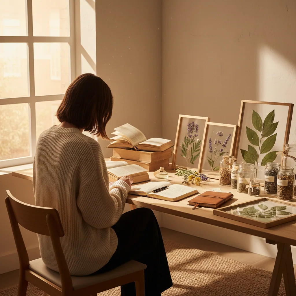Wellness researcher at a timber desk with botanical specimens and books