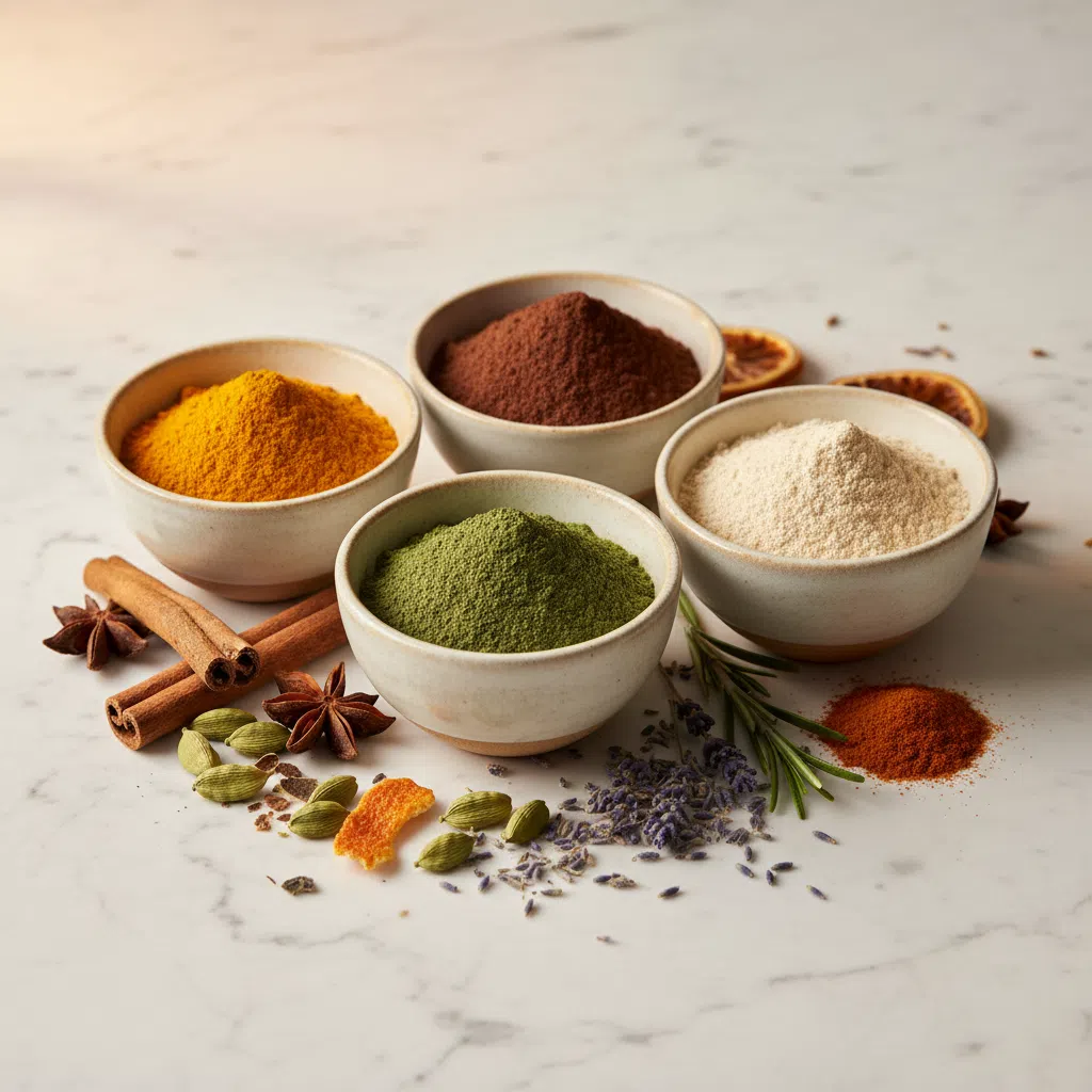 Ceramic bowls with colourful botanical extract powders for chromium magnesium B6 supplement