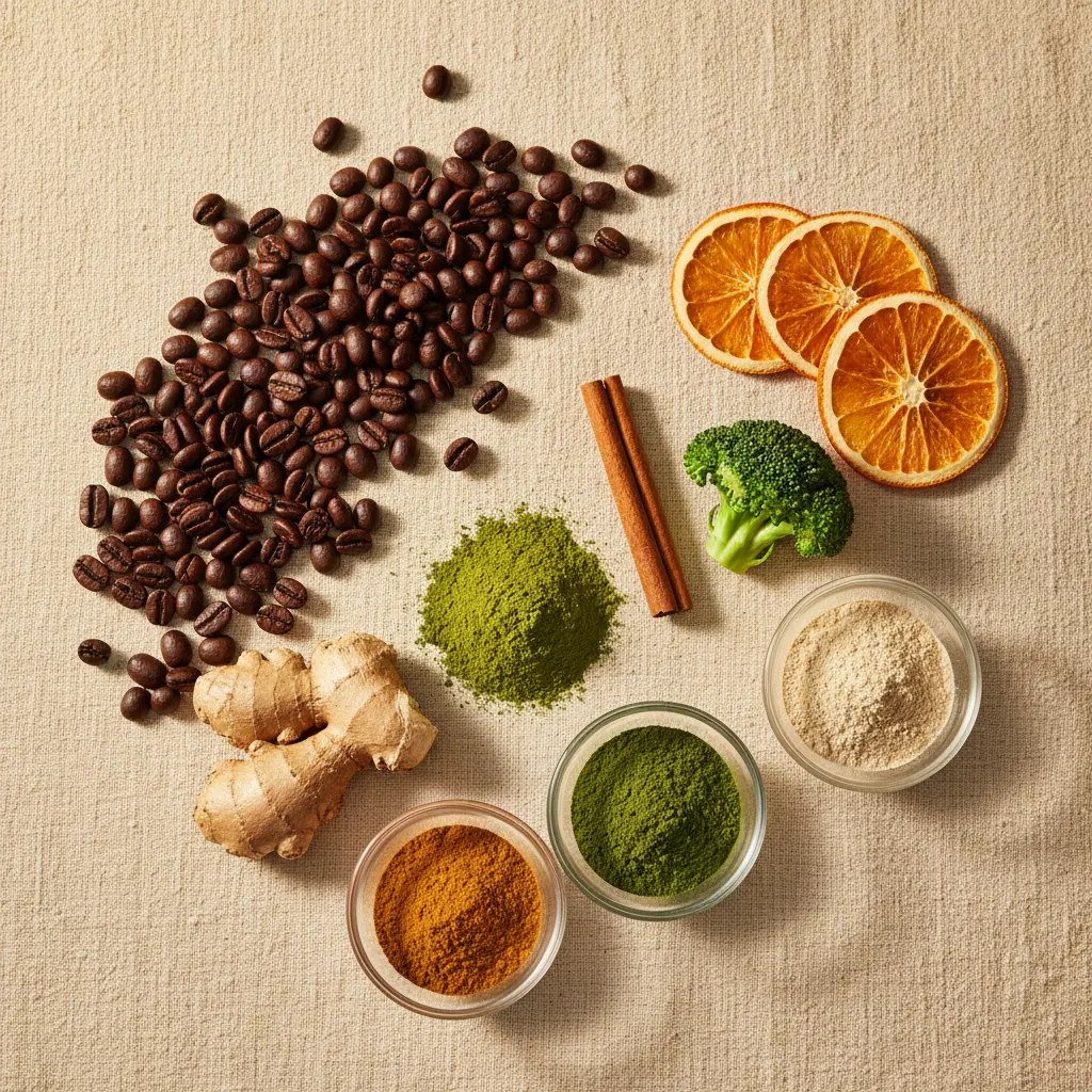 Flat lay of botanical ingredients including coffee beans, green powders and spices - green coffee extract supplement