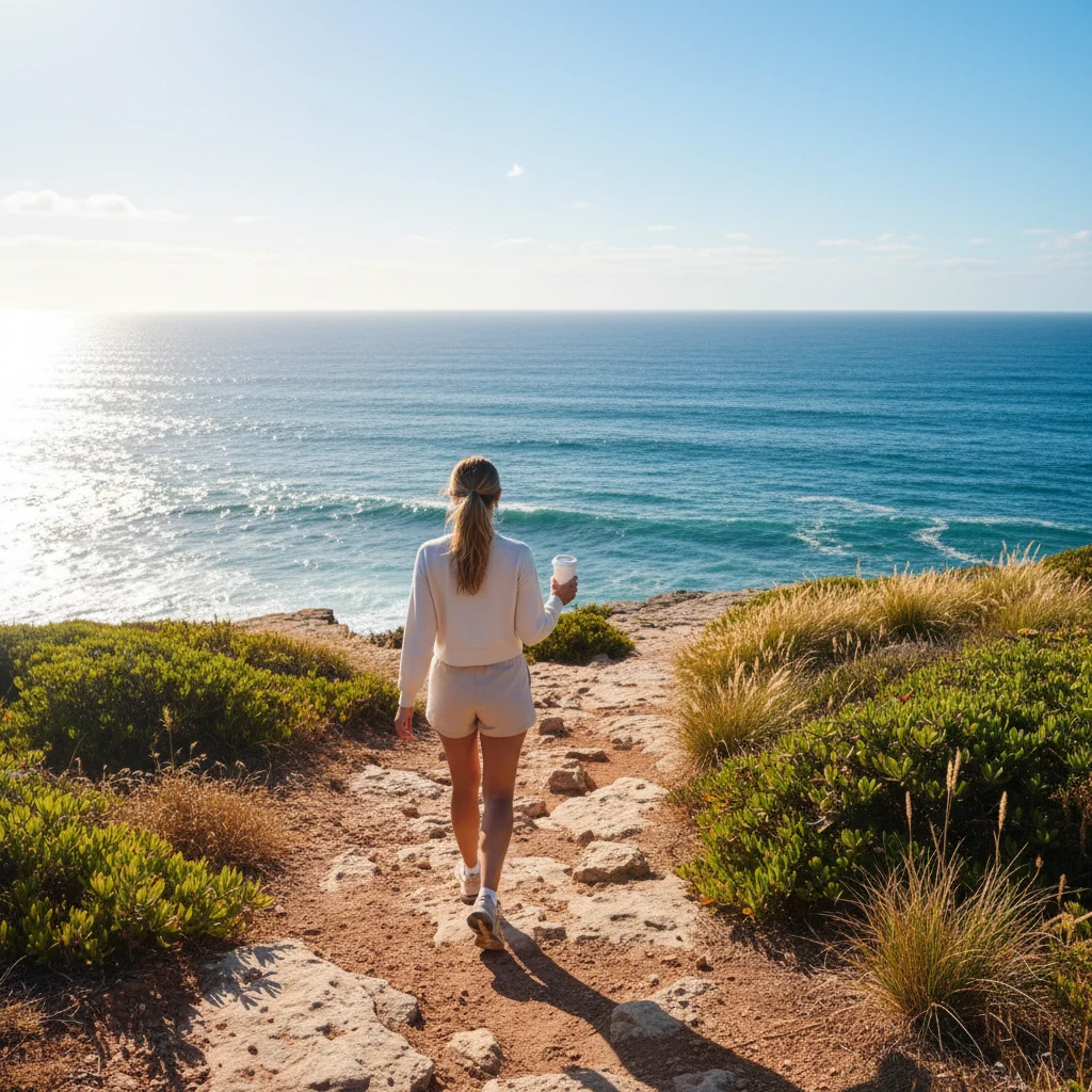 Person from behind walking along a sunny Australian coastal path with a reusable coffee cup