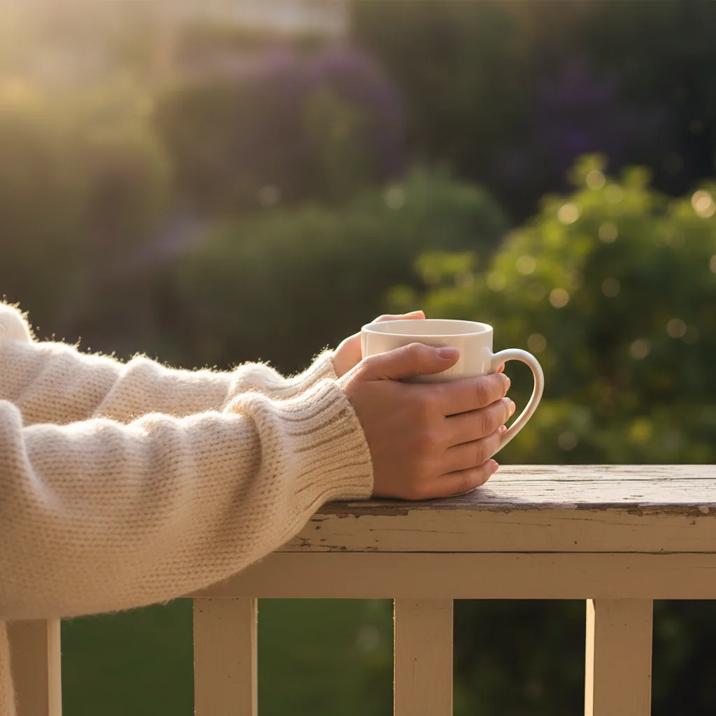 Hands wrapped around a warm coffee mug on a morning balcony - daily wellness routine supplement